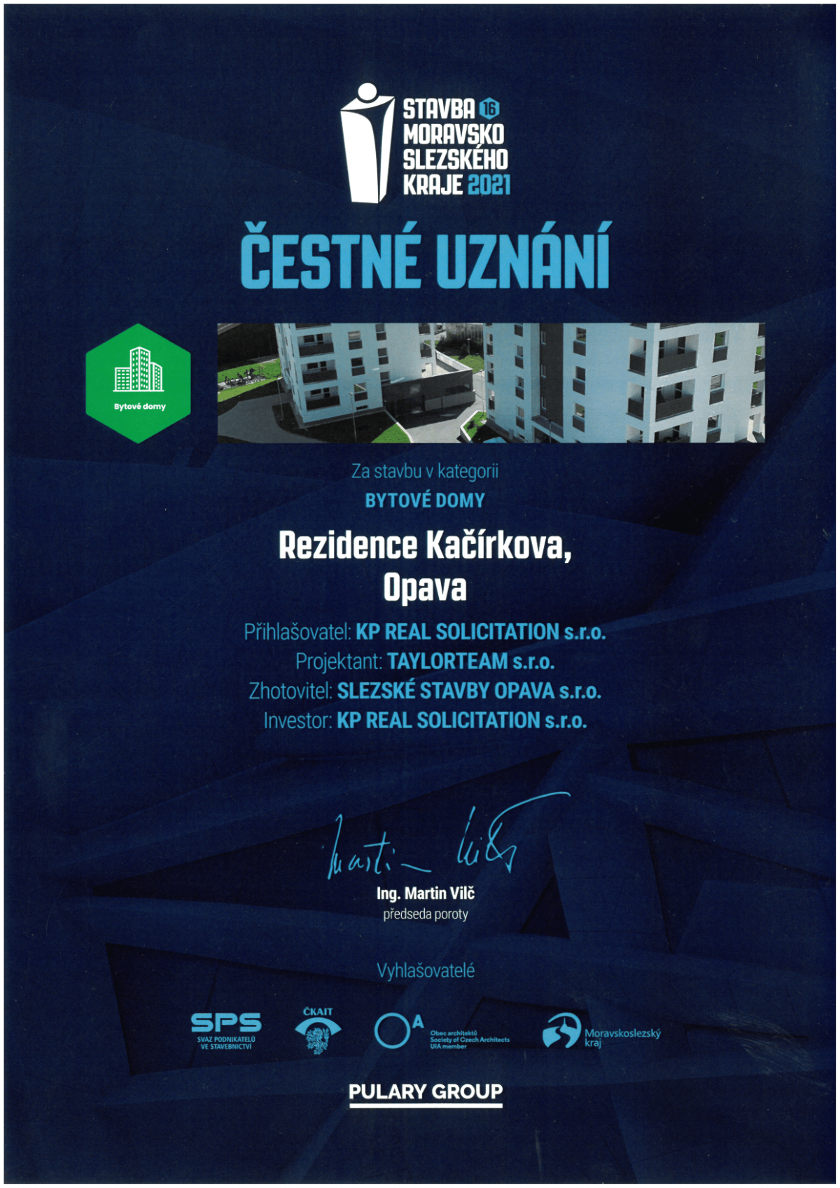 Čestné uznání - Rezidence Kačírkova 2021